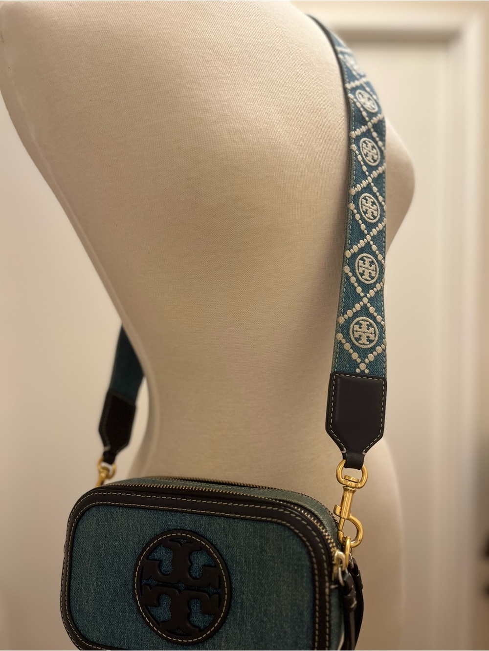 Tory Burch Mini Miller Denim Crossbody Bag Navy Leather Trim Logo Strap - Picture 9 of 12